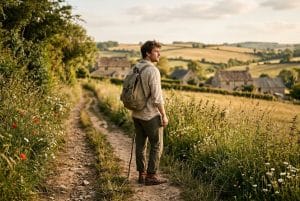 homme dans un champs pour faire du slow tourisme