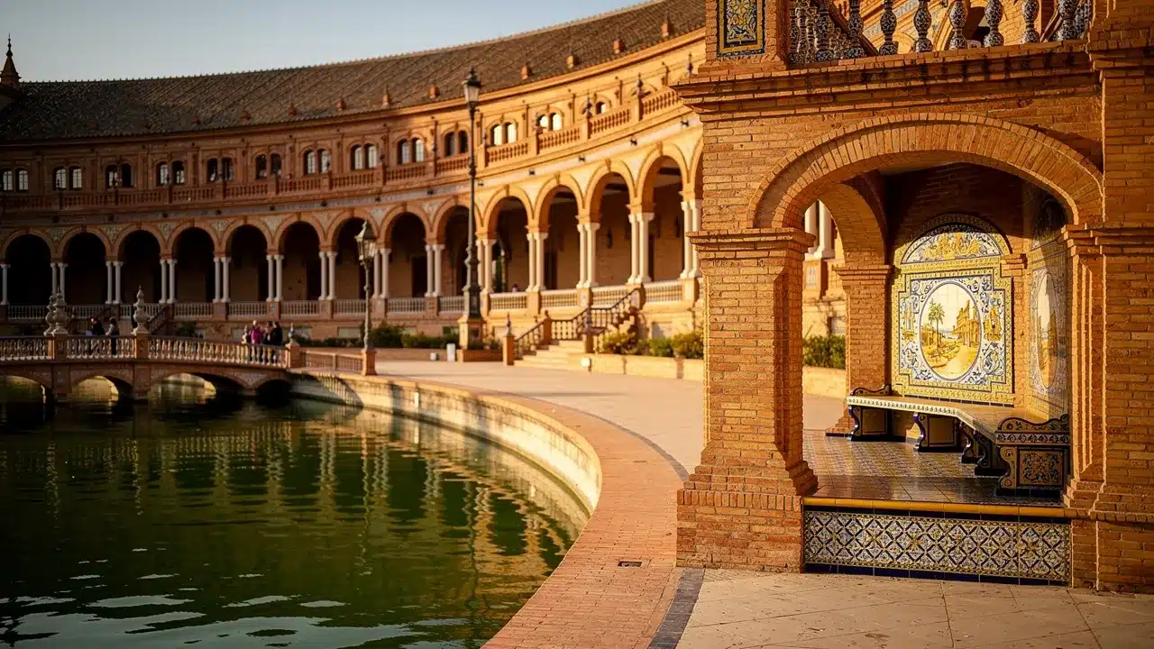 Façade en brique de la Plaza de España à Séville, ses alcôves d'azulejos colorés et le canal qui la longe.