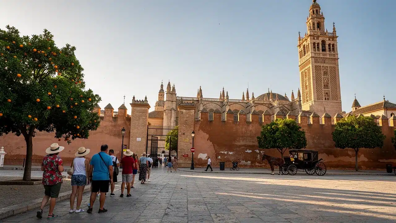 La tour de la Giralda dominant les toits de Séville, avec des visiteurs qui patientent devant l'entrée de l'Alcázar.